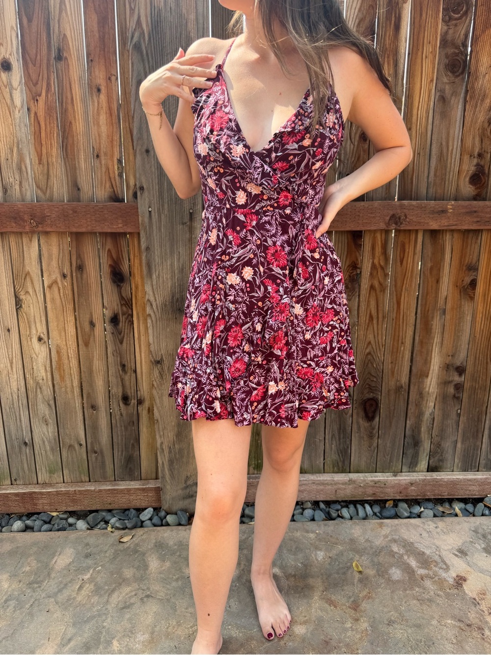 Urban Outfitters Floral Lace-Up Back Mini Dress Burgundy Boho